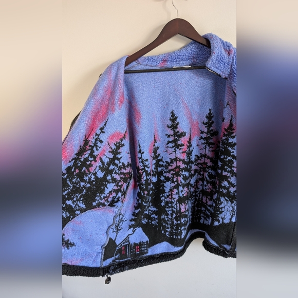 Caribou Crossings Alaska Fleece Jacket, Northern Lights Forest Scene, Size M - Picture 7 of 14